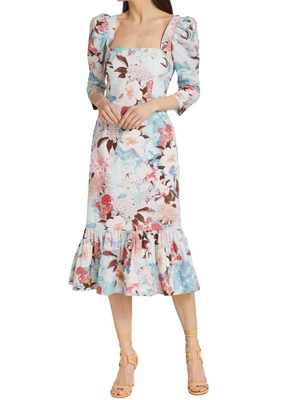 Cara Cara Busy Puff-Sleeve Midi in Japanese Floral Blue Dress